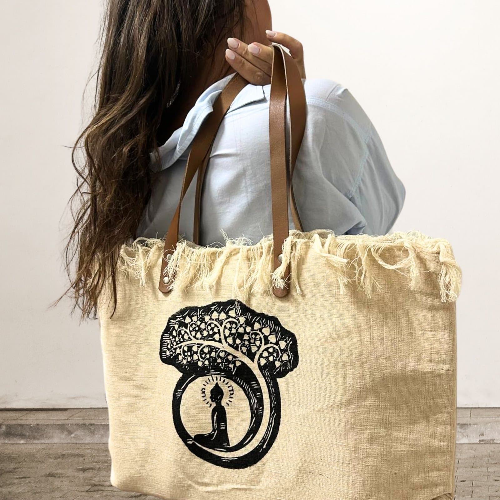 Natural cotton canvas tote bag with Buddha design and leather handles