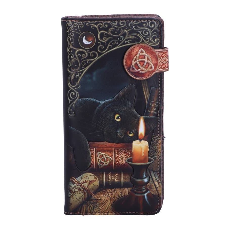 Black embossed purse with a black cat and candle