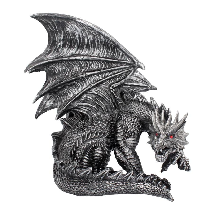 Pewter-coloured gothic dragon figurine with red eyes and raised wings