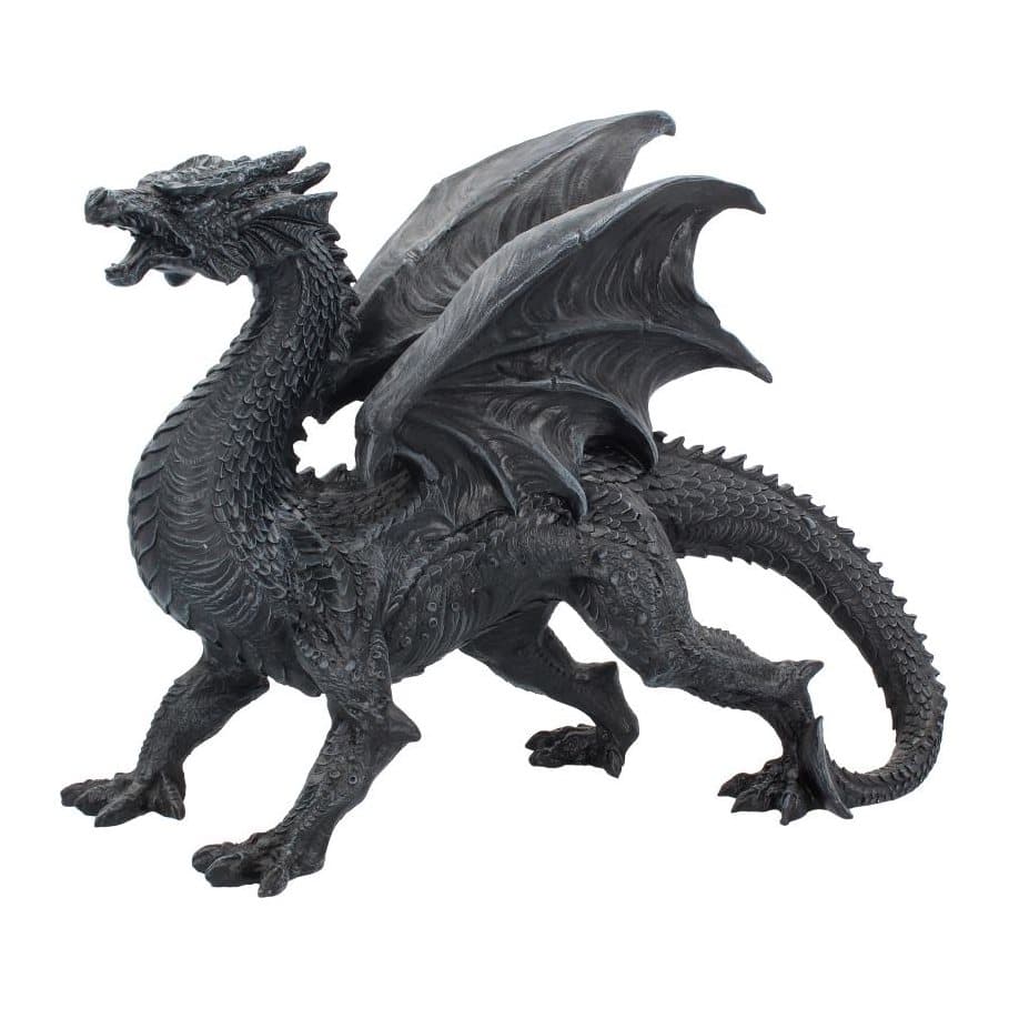 Black resin dragon figurine standing tall with wings raised behind its back