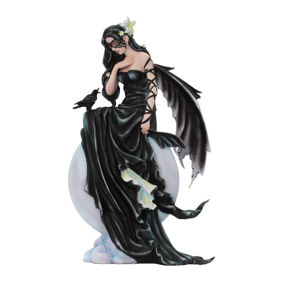Raven-haired fairy in black gown sitting on a full moon with a raven on her knee