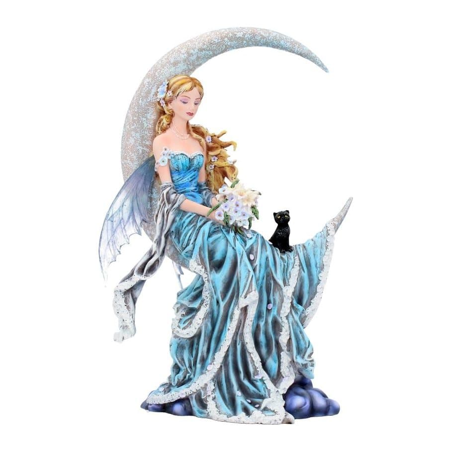 Blue-winged fairy and small black cat sitting on a crescent moon figurine