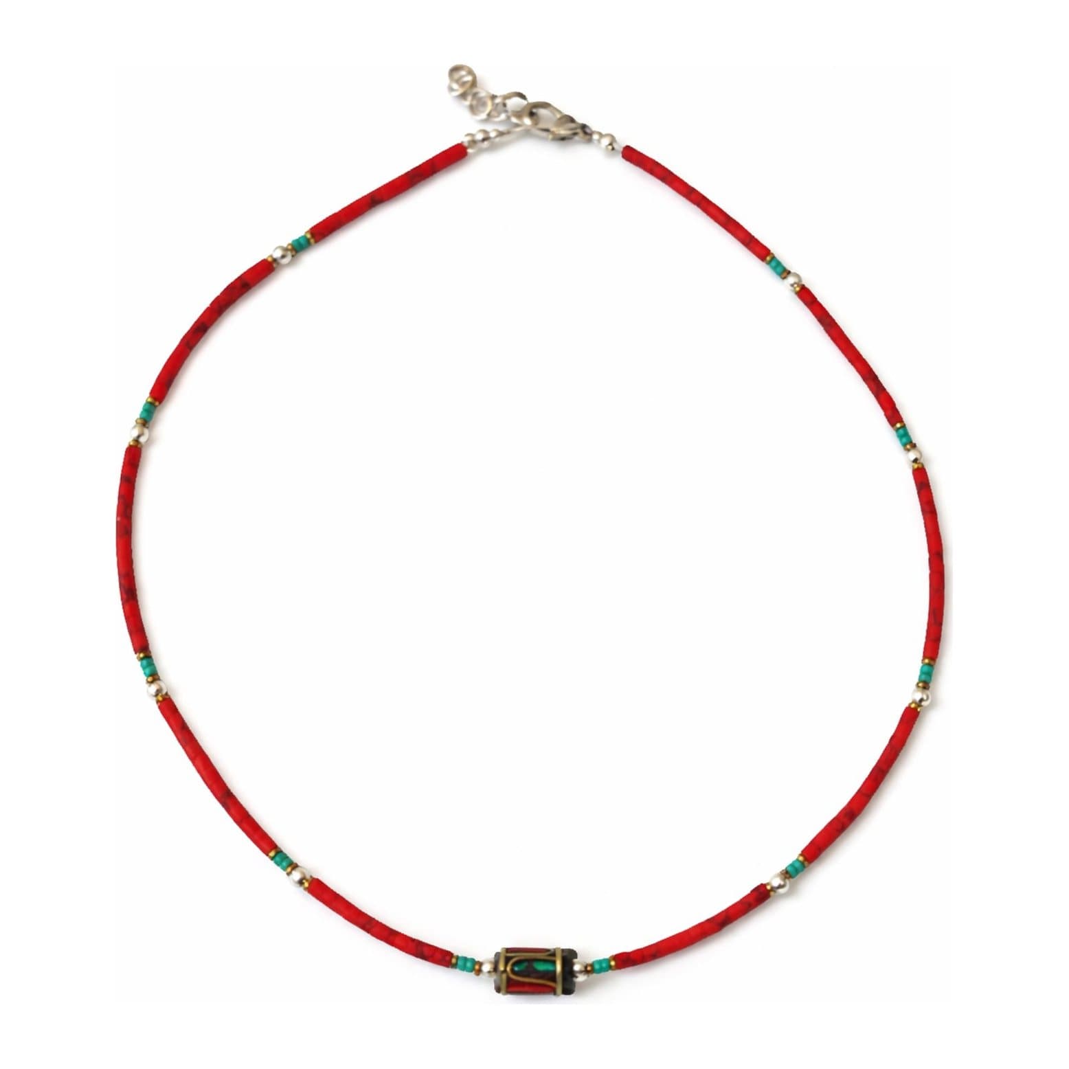 Nepalese necklace with coral beads and an intricate tribal-style accent