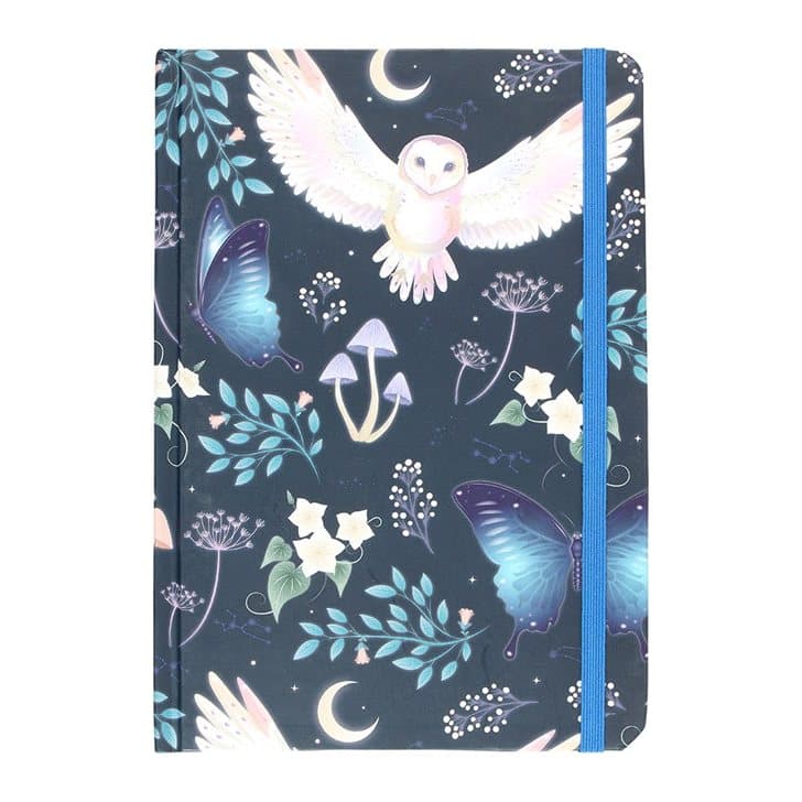 Night flight owl A5 notebook with moths, crescent moons and a blue elasticated closure
