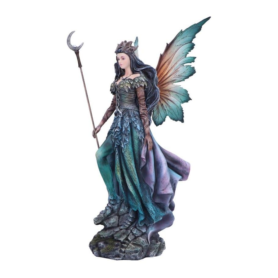Crowned fairy figurine holding a crescent staff with sculpted wings