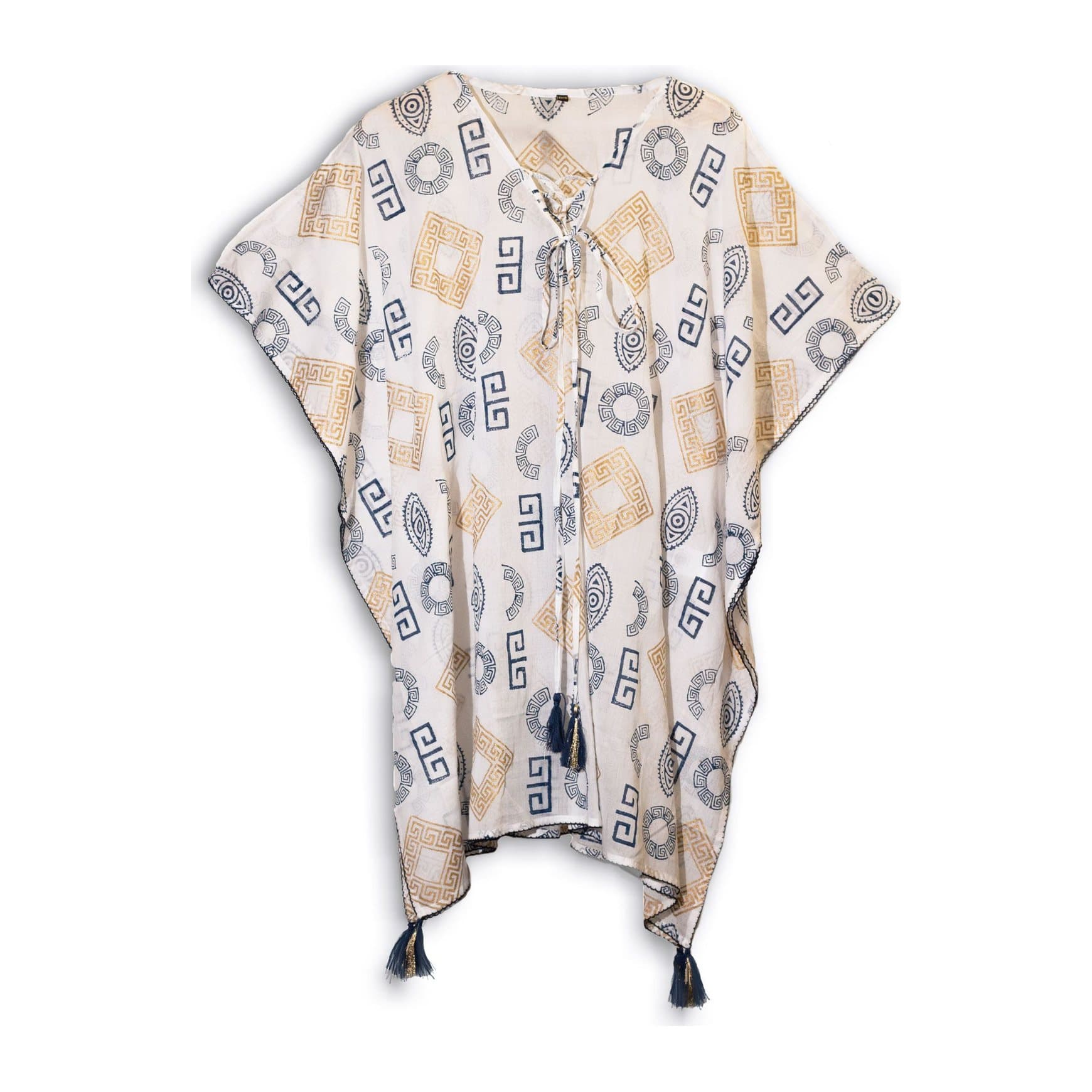 White kaftan with hand-painted blue and gold Greek motifs