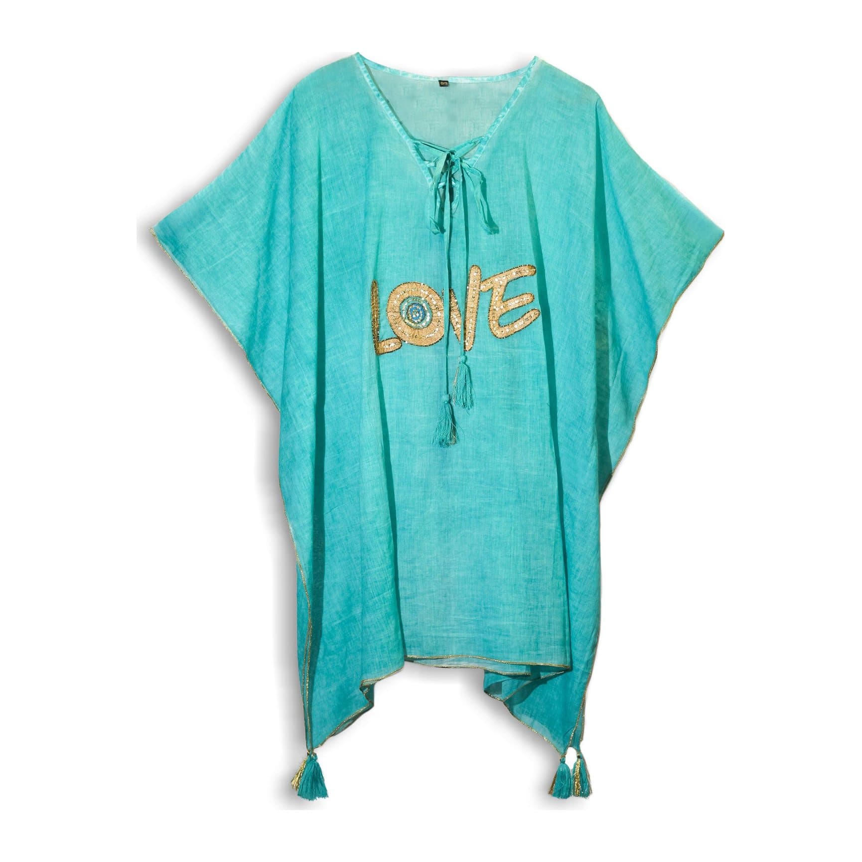 Turquoise kaftan with a gold LOVE motif, V-neckline and tassel hem