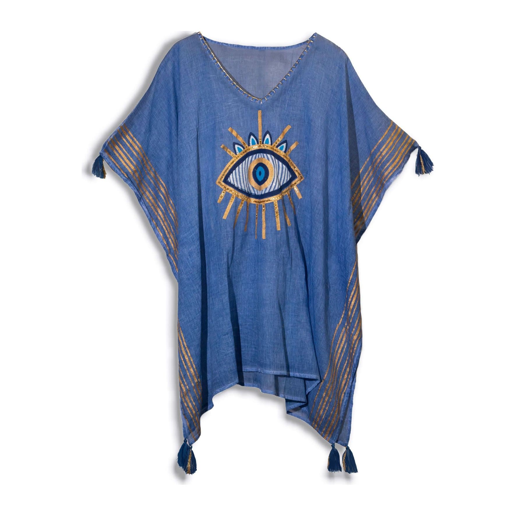 Blue kaftan with gold hand painted evil eye