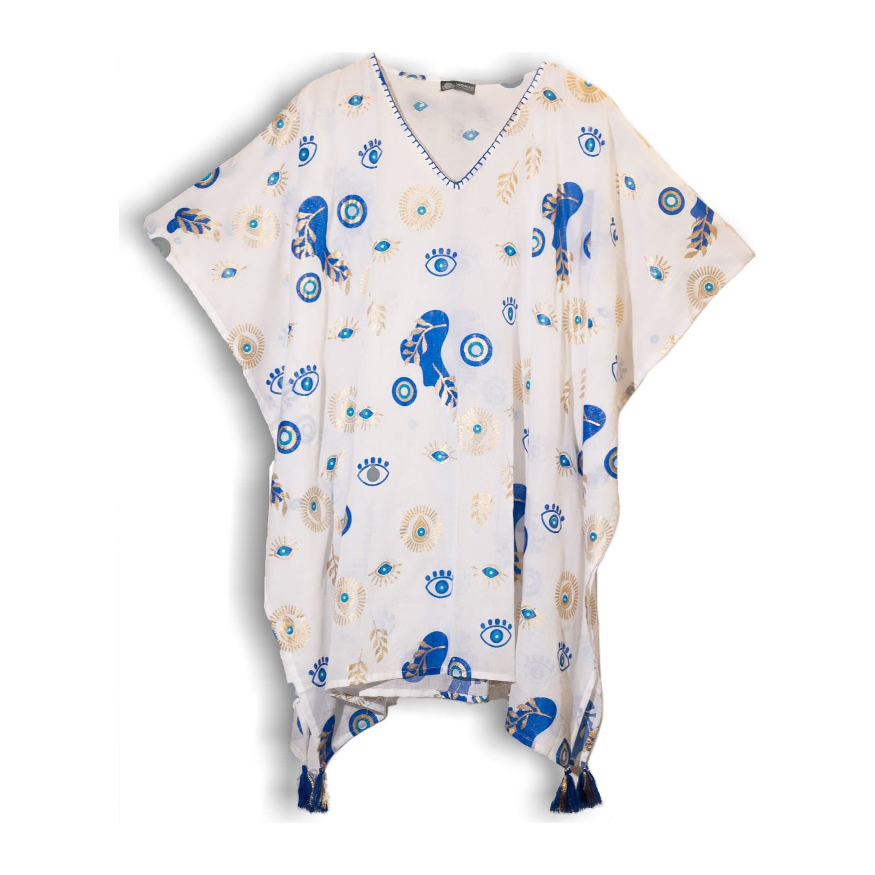 White kaftan with an all-over blue and gold evil eye print