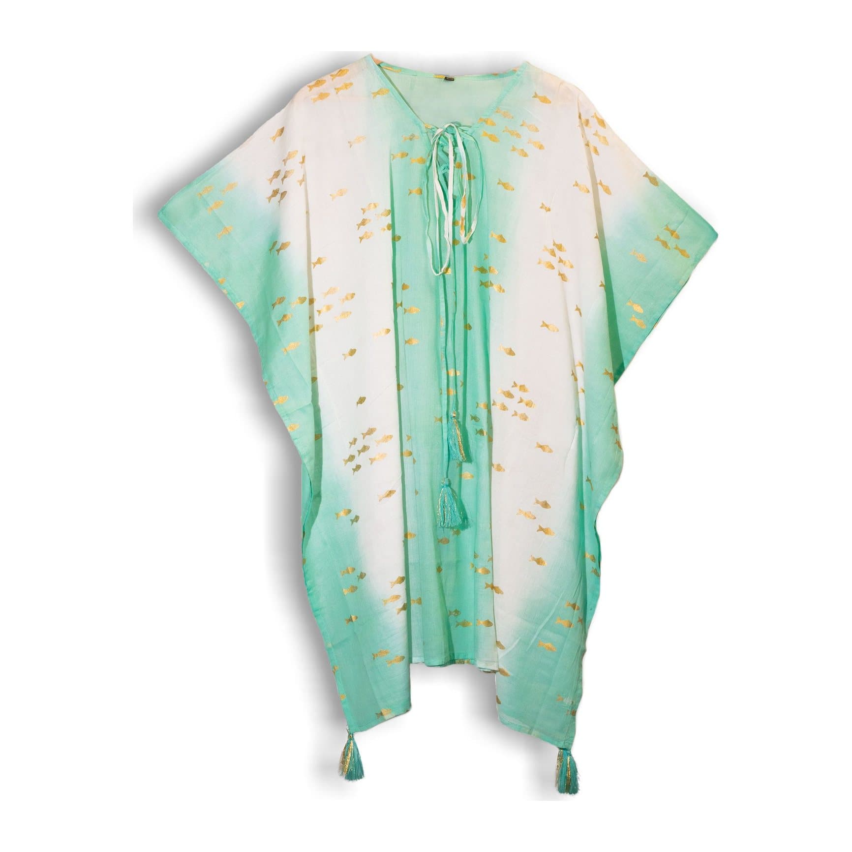 White and turquoise kaftan with scattered gold fish motifs