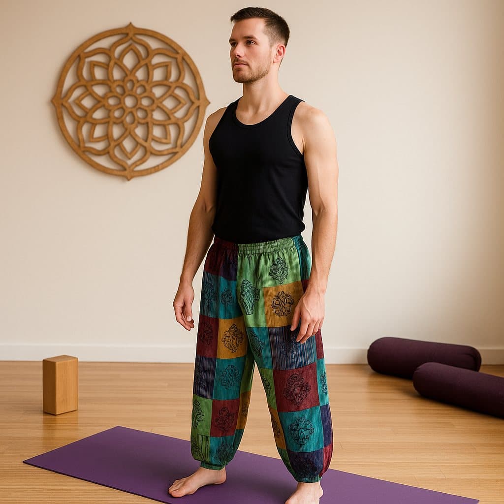 Block print mushroom pants in green, purple and orange tones