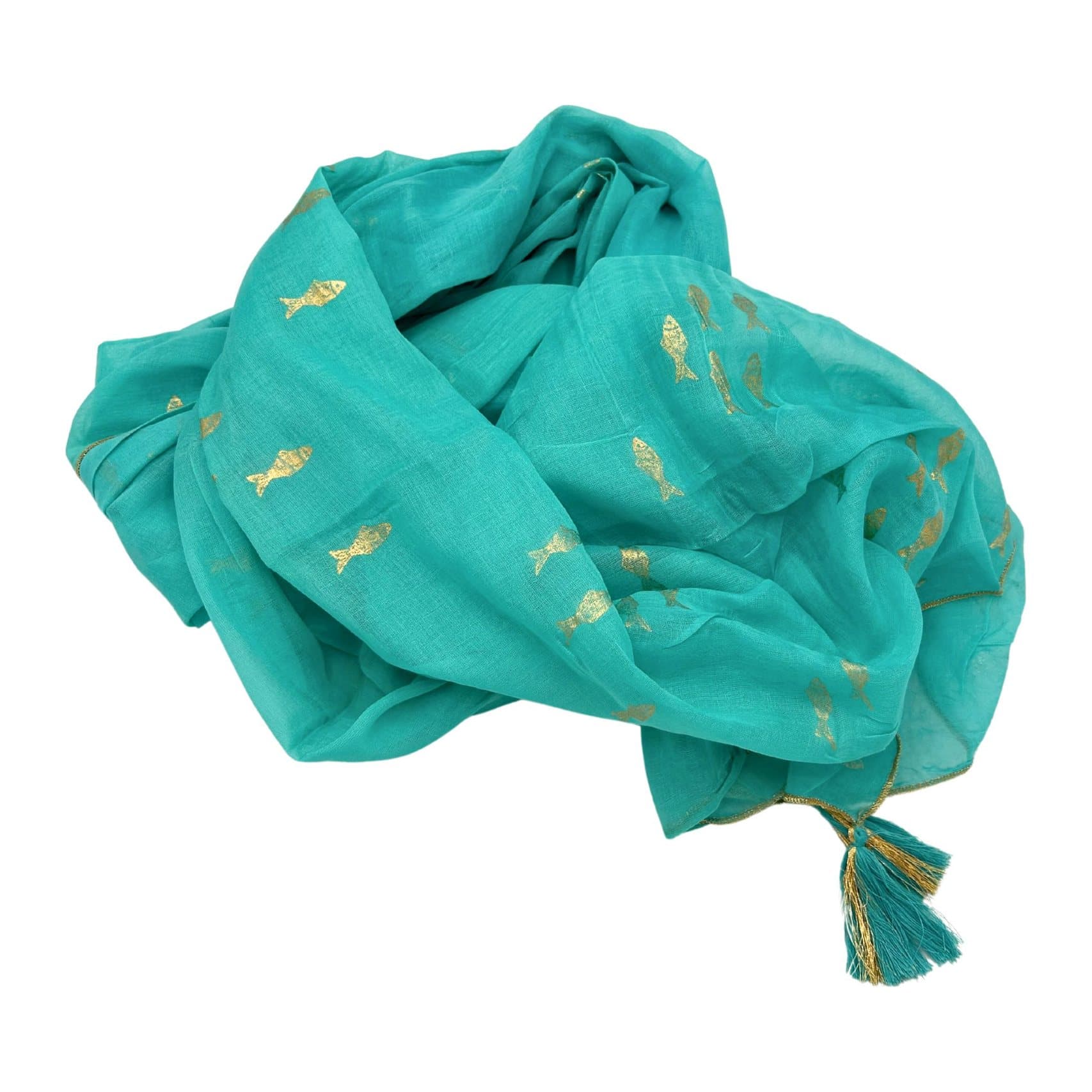 Turquoise pareo with delicate gold fish prints and tassels