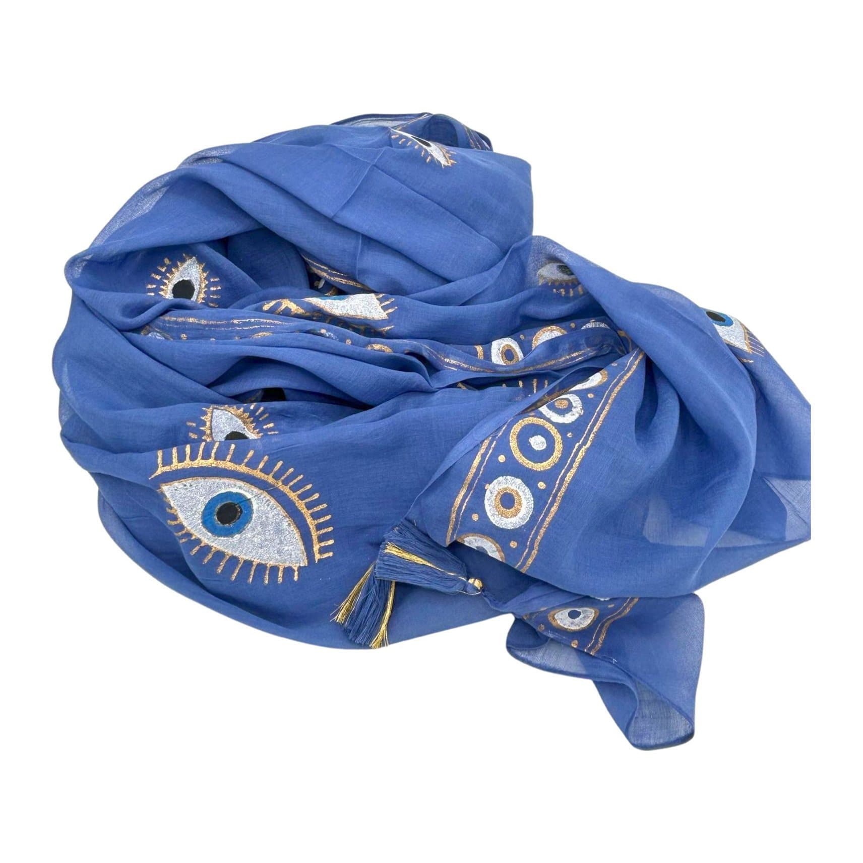 Rich blue pareo with gold evil eye motifs and tassels