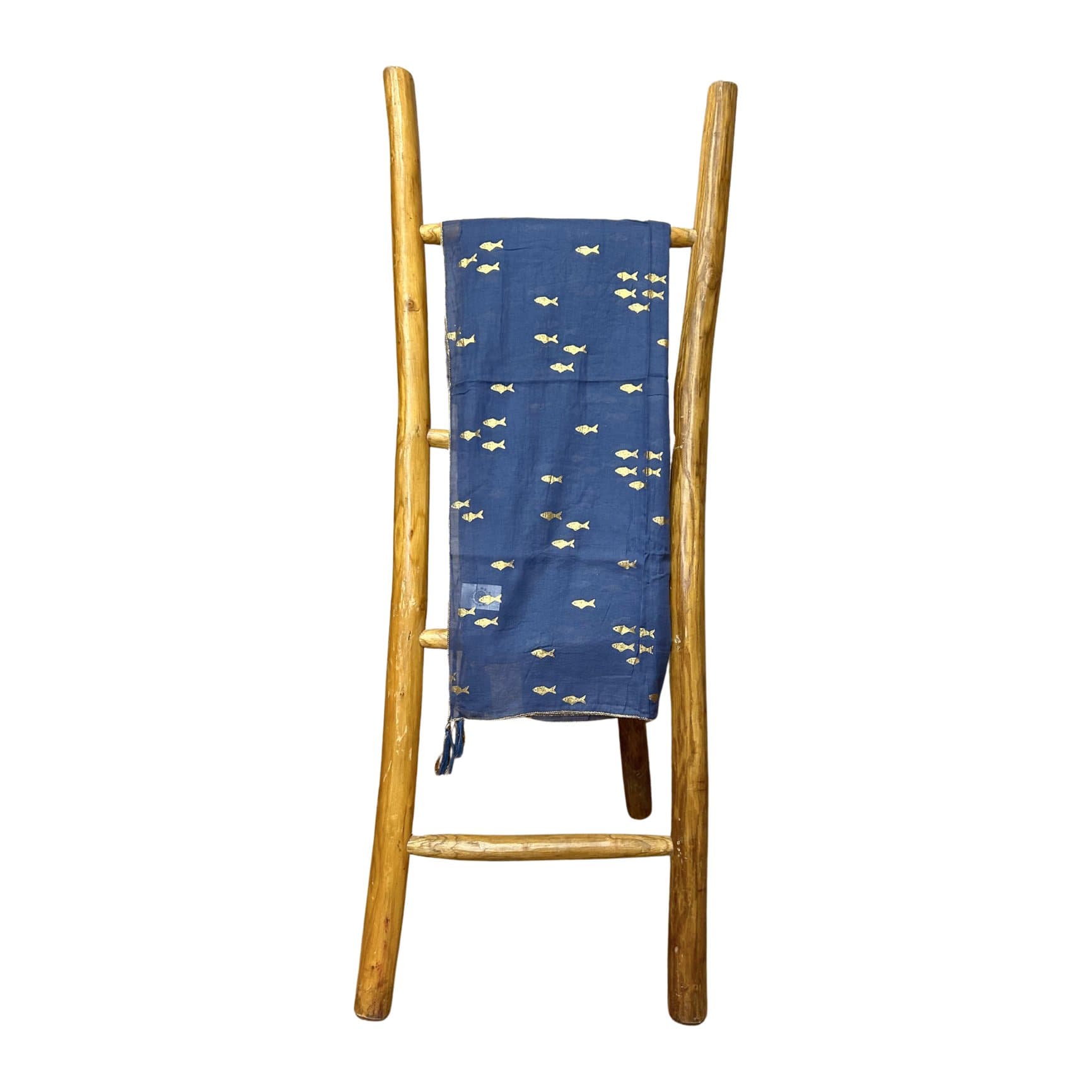 Sea blue pareo with delicate gold fish prints and tassel edges