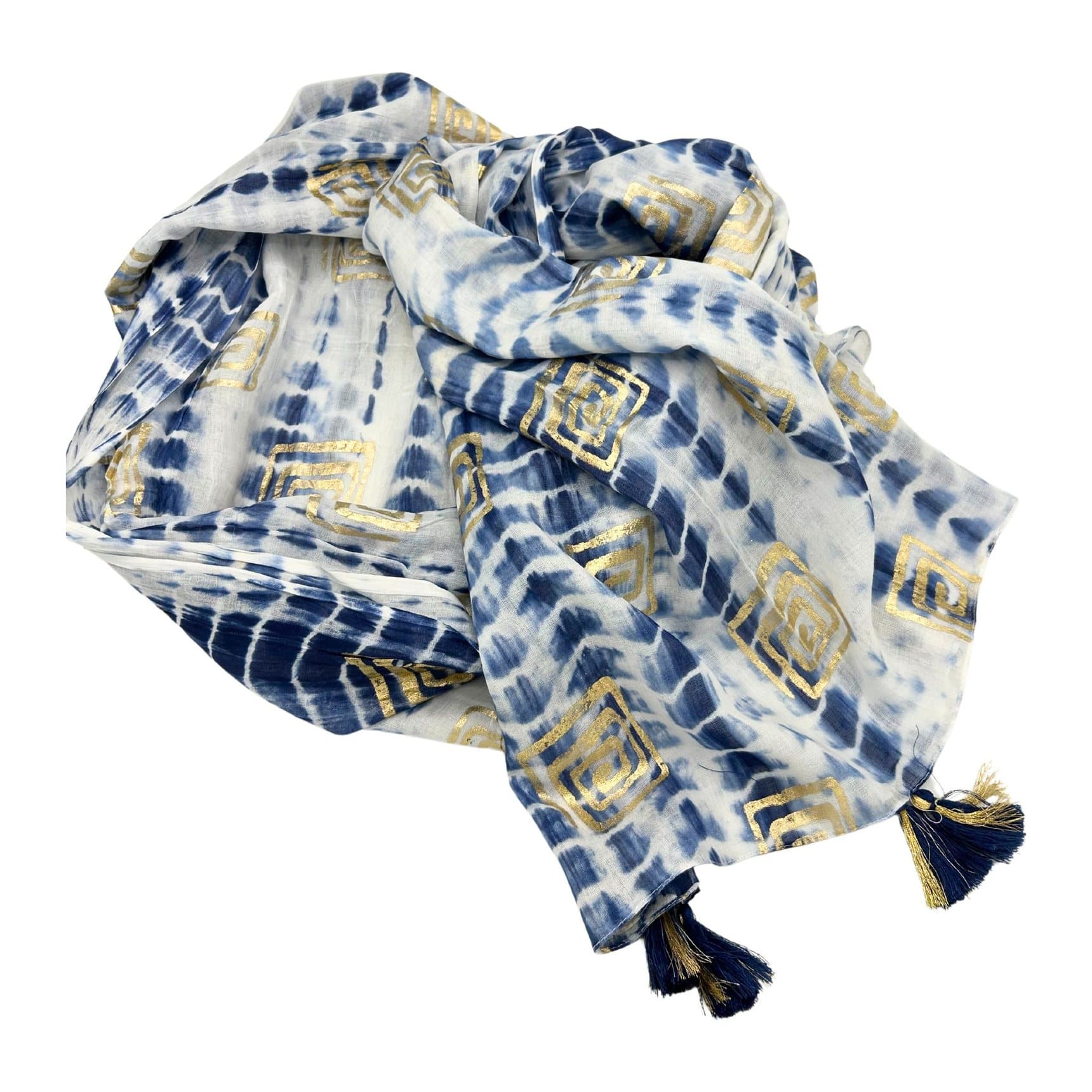 Blue tie-dye pareo with gold block print motifs and tassels