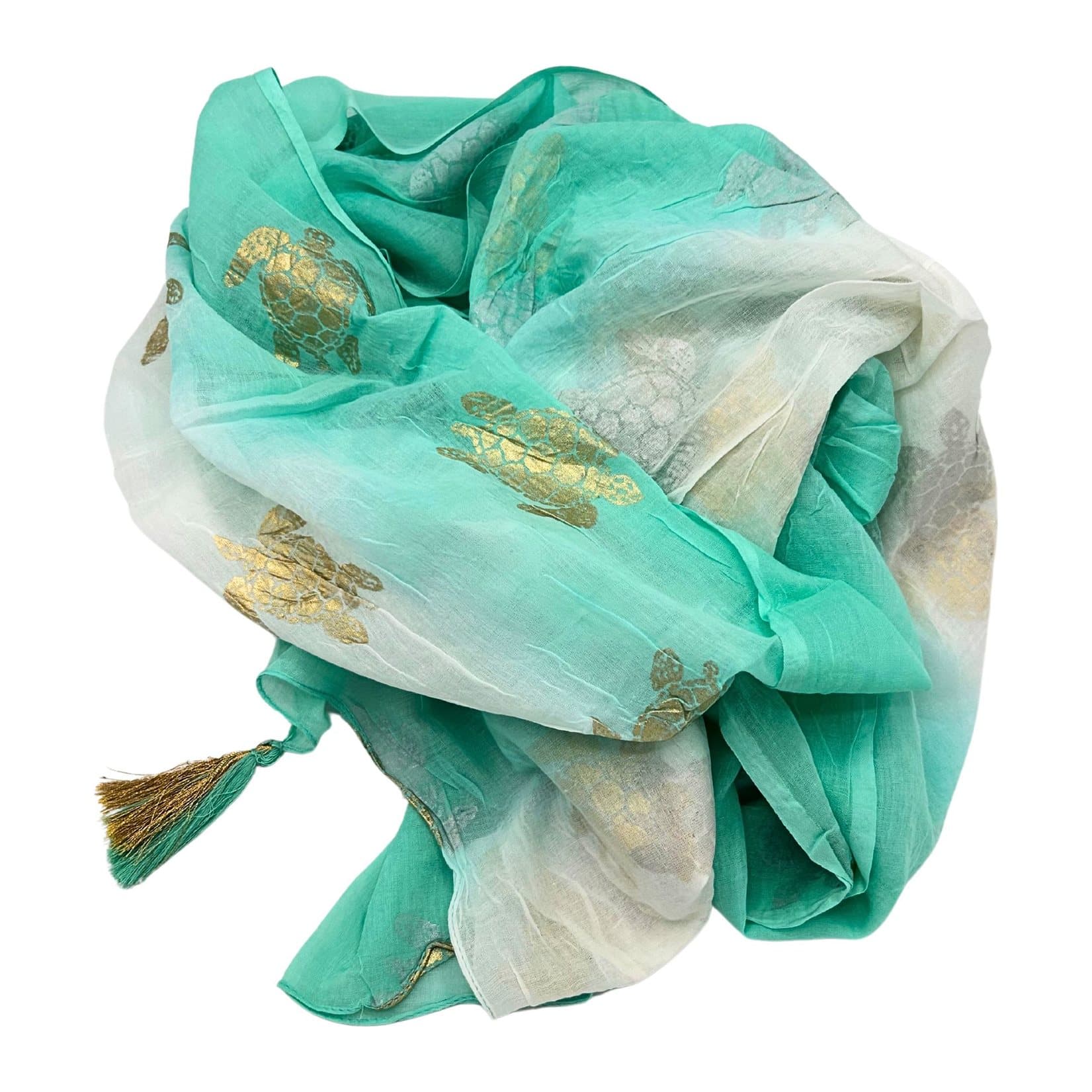 White and turquoise pareo with gold turtle prints and a tassel detail