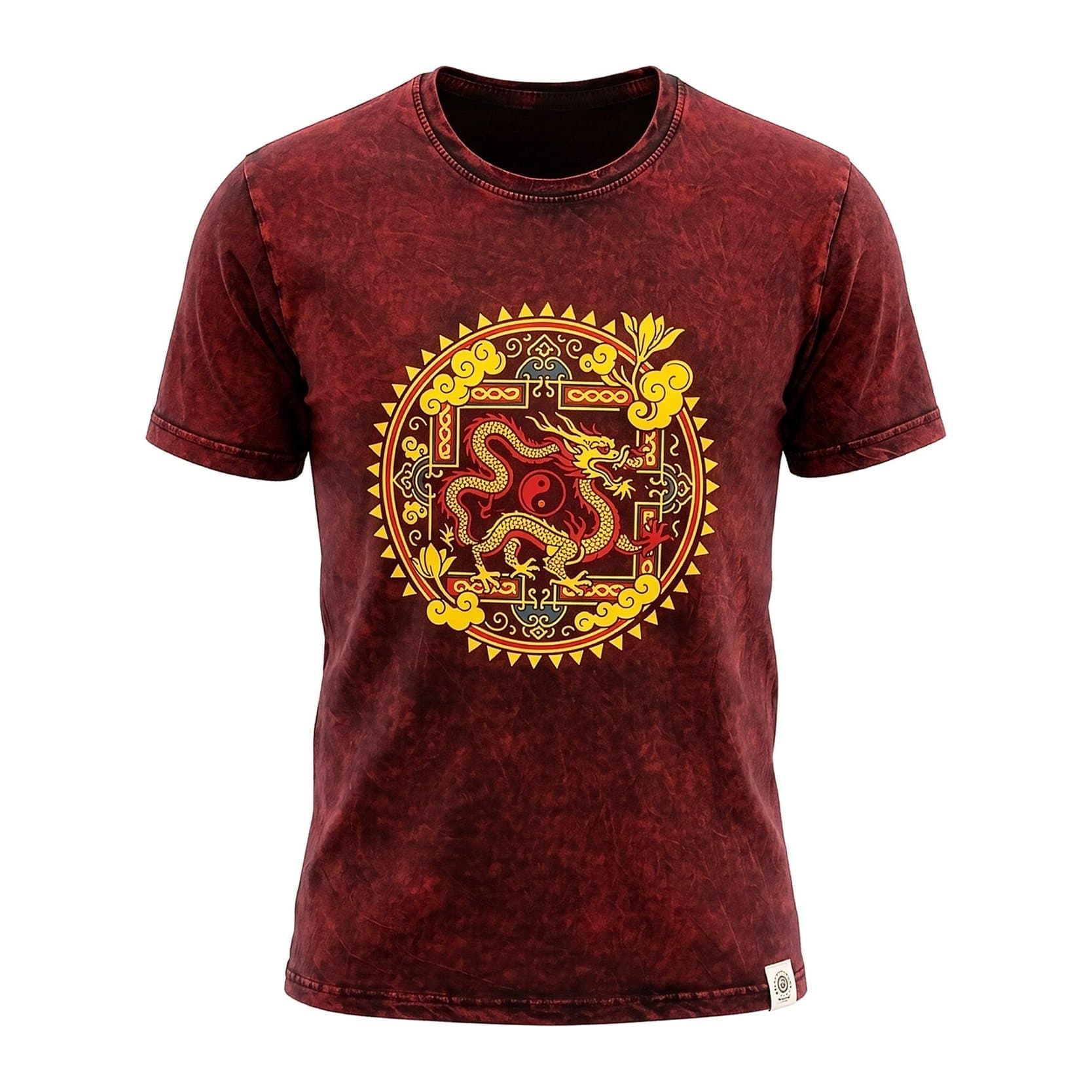 Maroon stonewashed cotton t-shirt with a Dragon Mandala design
