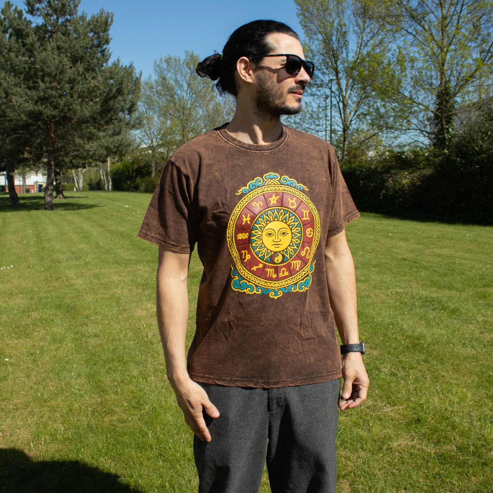 Brown stonewashed cotton t-shirt with a Sun and Zodiac design