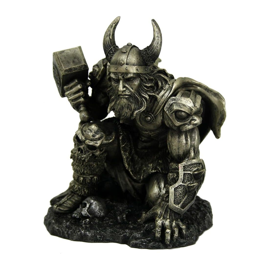 Thor rising from rocky ground with hammer Mjolnir, armour adorned with skulls