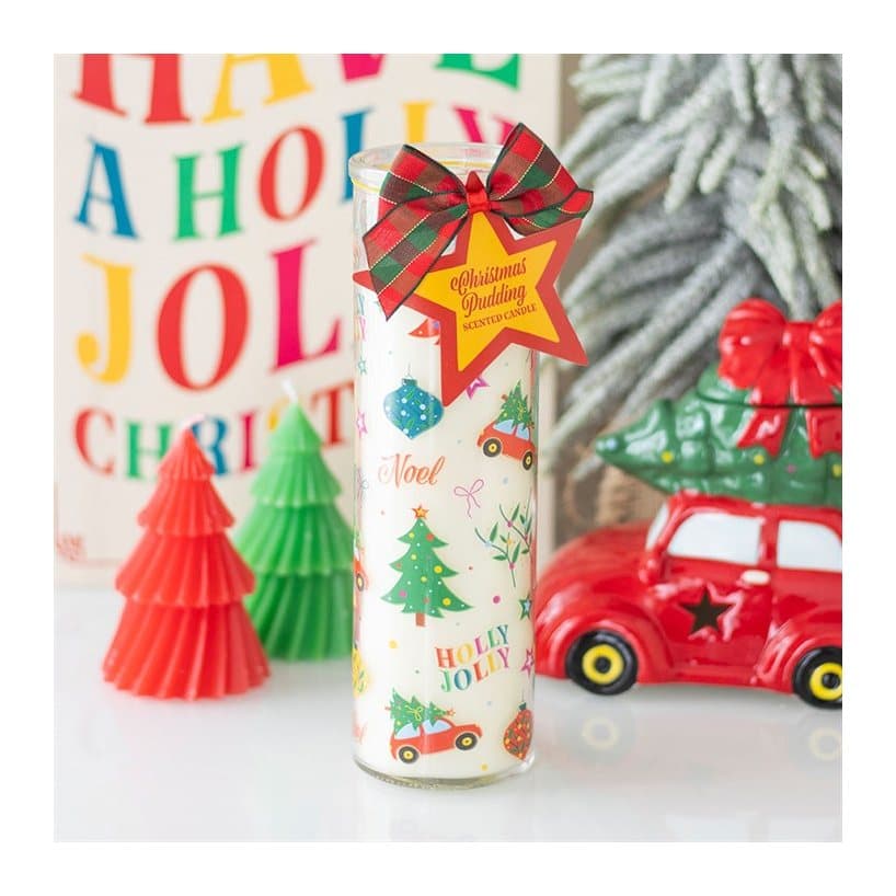 Christmas pudding scented tube candle with a colourful festive print