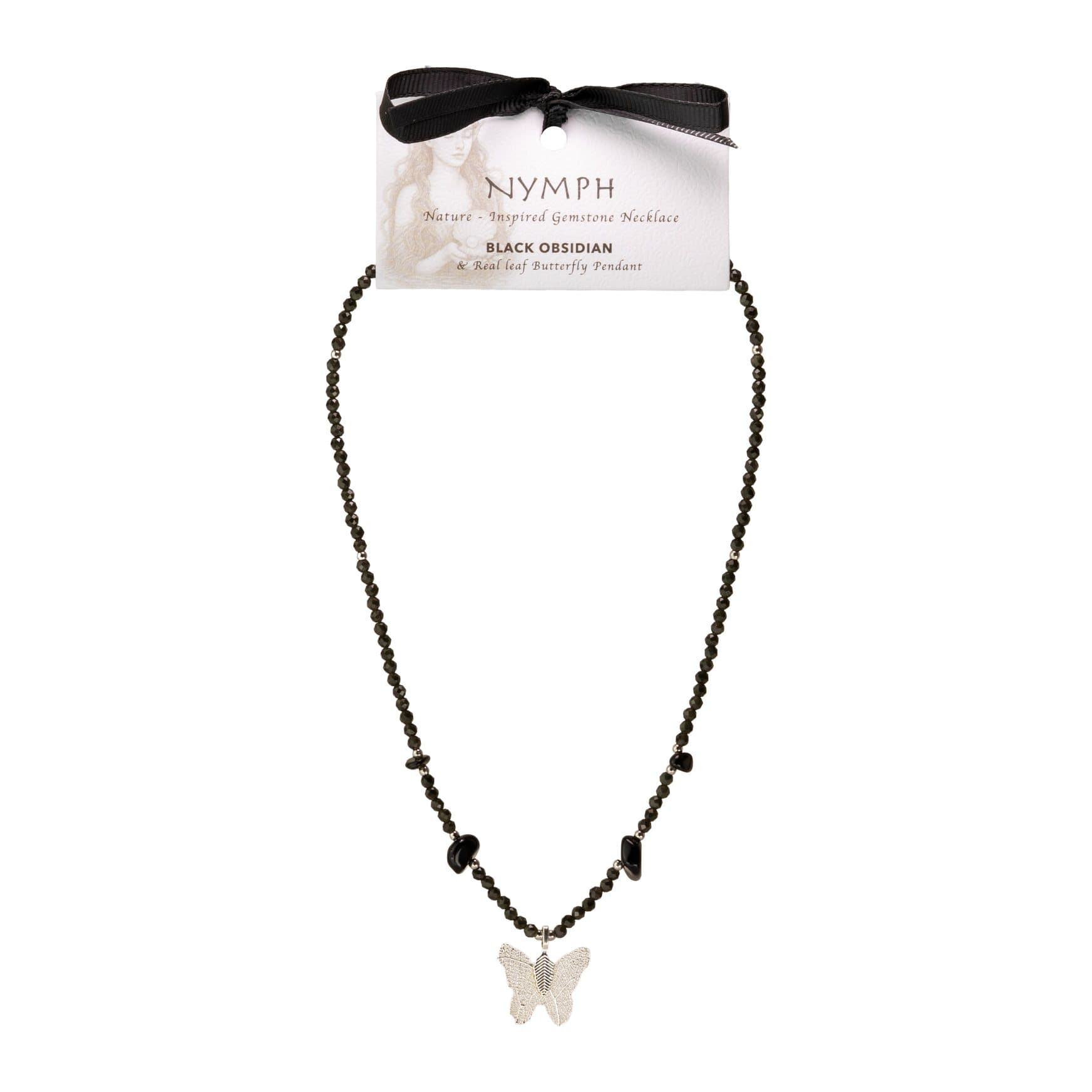 Black obsidian bead necklace with a silver butterfly pendant made from a leaf