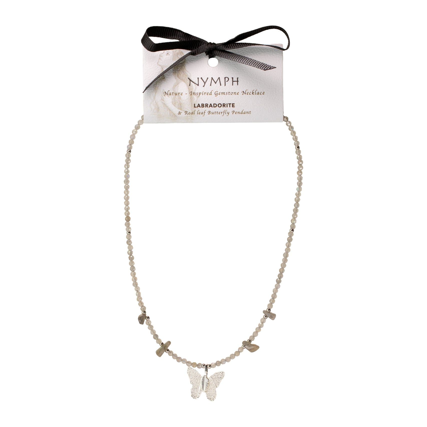 Labradorite bead necklace with a silver-plated leaf butterfly pendant on a Nymph card