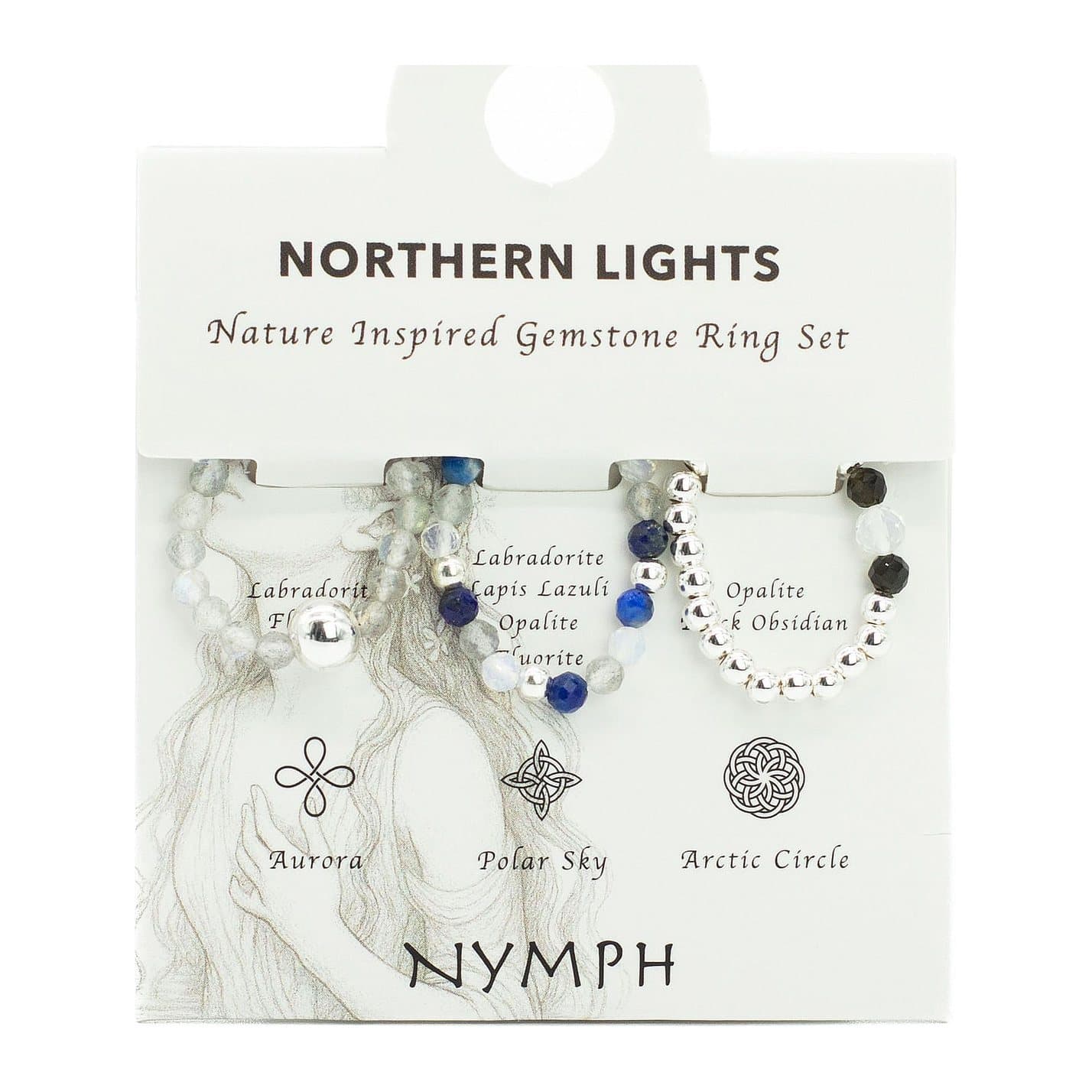 Set of three gemstone rings in grey, white and midnight blue tones