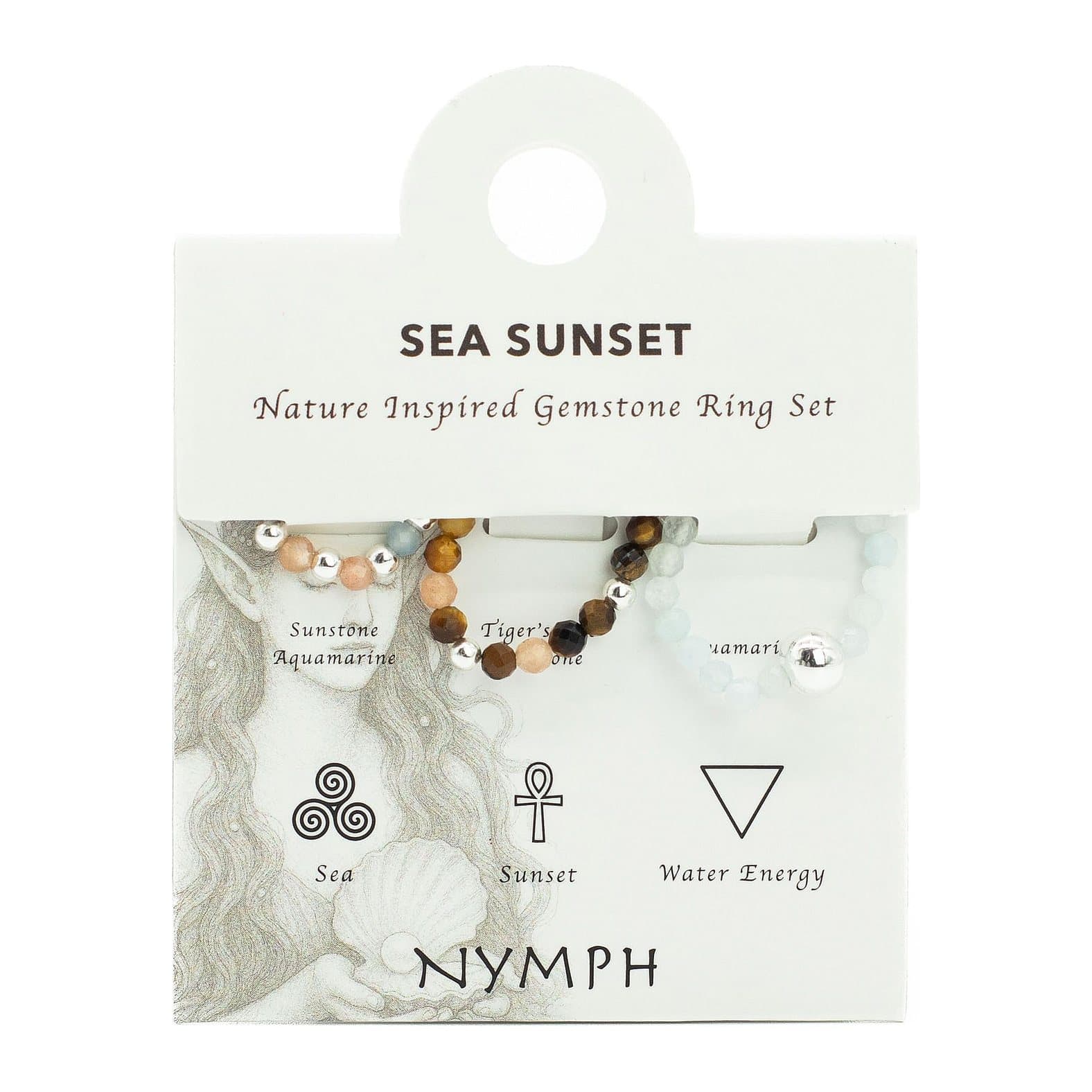 Sea Sunset set of three elasticated gemstone rings with silver-tone beads