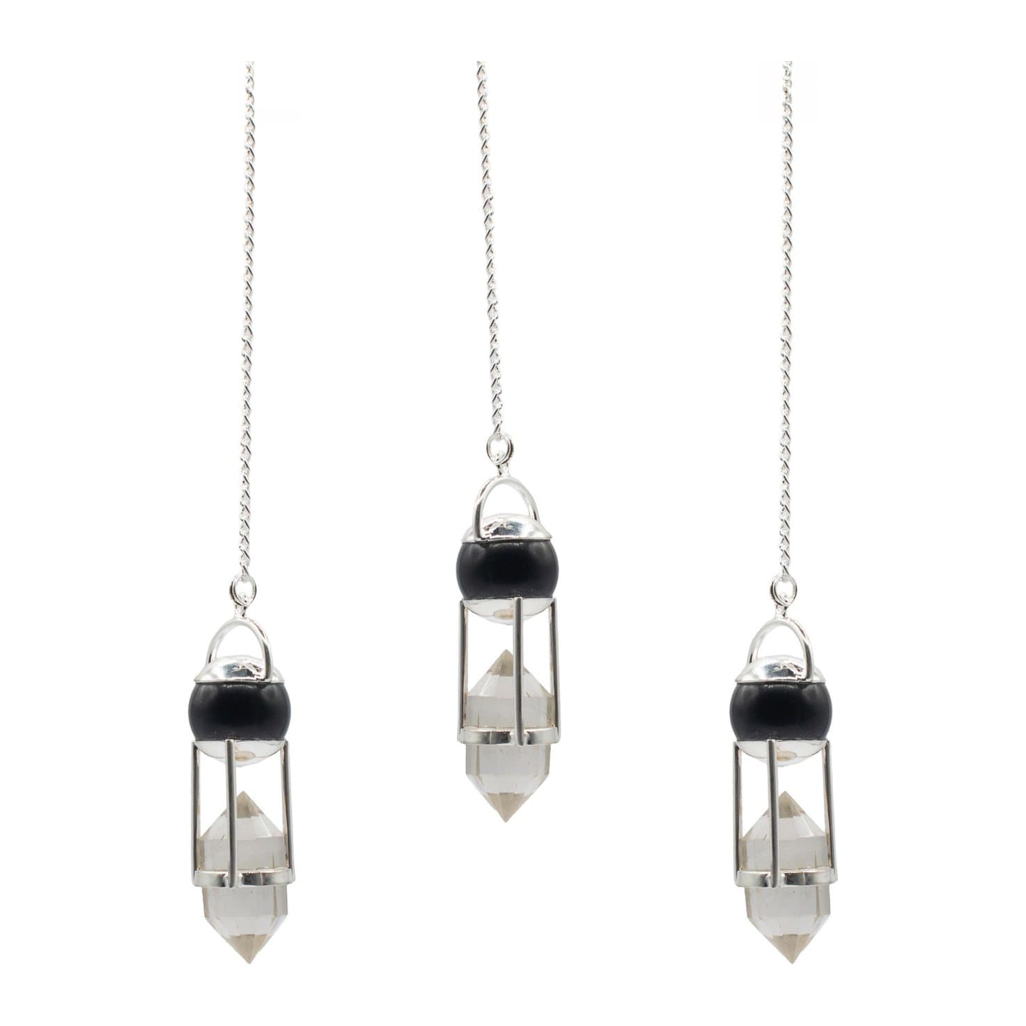 Black obsidian globe and clear quartz point pendulum on a silver-tone chain