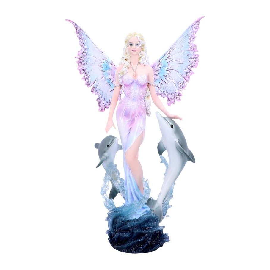 Platinum-haired fairy rising from ocean waves with two dolphins leaping beside her