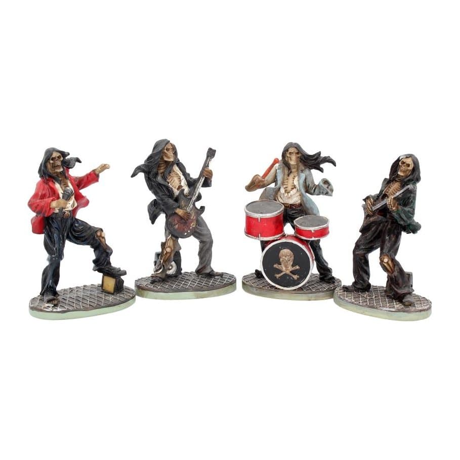 Four skeleton figurines: drummer, bassist, guitarist and singer