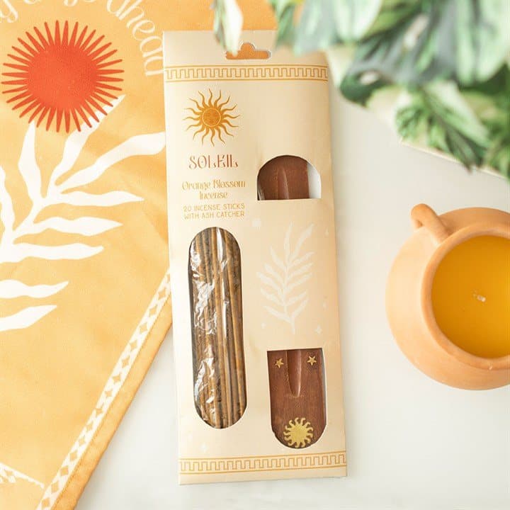 Orange blossom incense sticks gift set with a wooden ash catcher in a cardboard sleeve