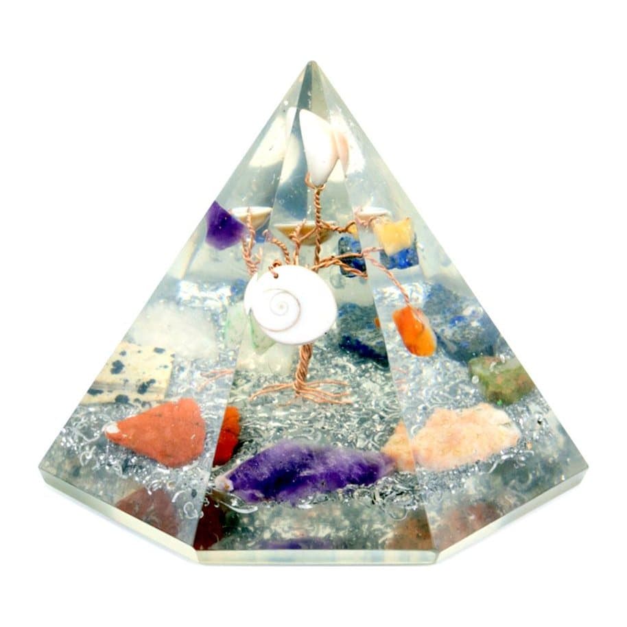 Seven sided orgonite pyramid with a gemstone wisdom tree design