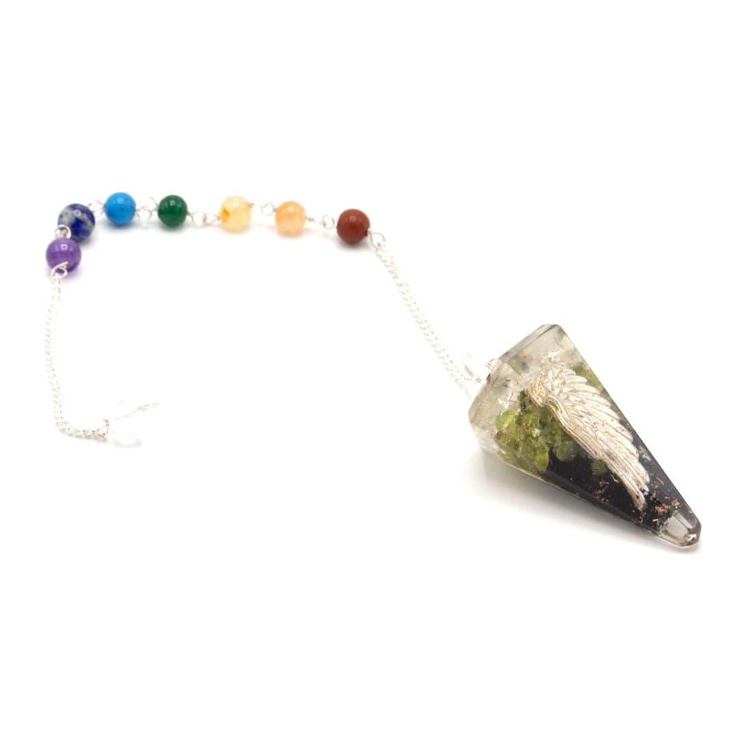 Orgonite power chakra pendulum with an angel wing design