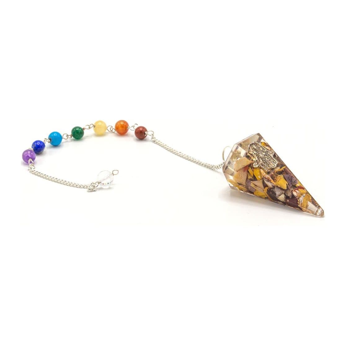 Orgonite chakra pendulum with a hamsa design