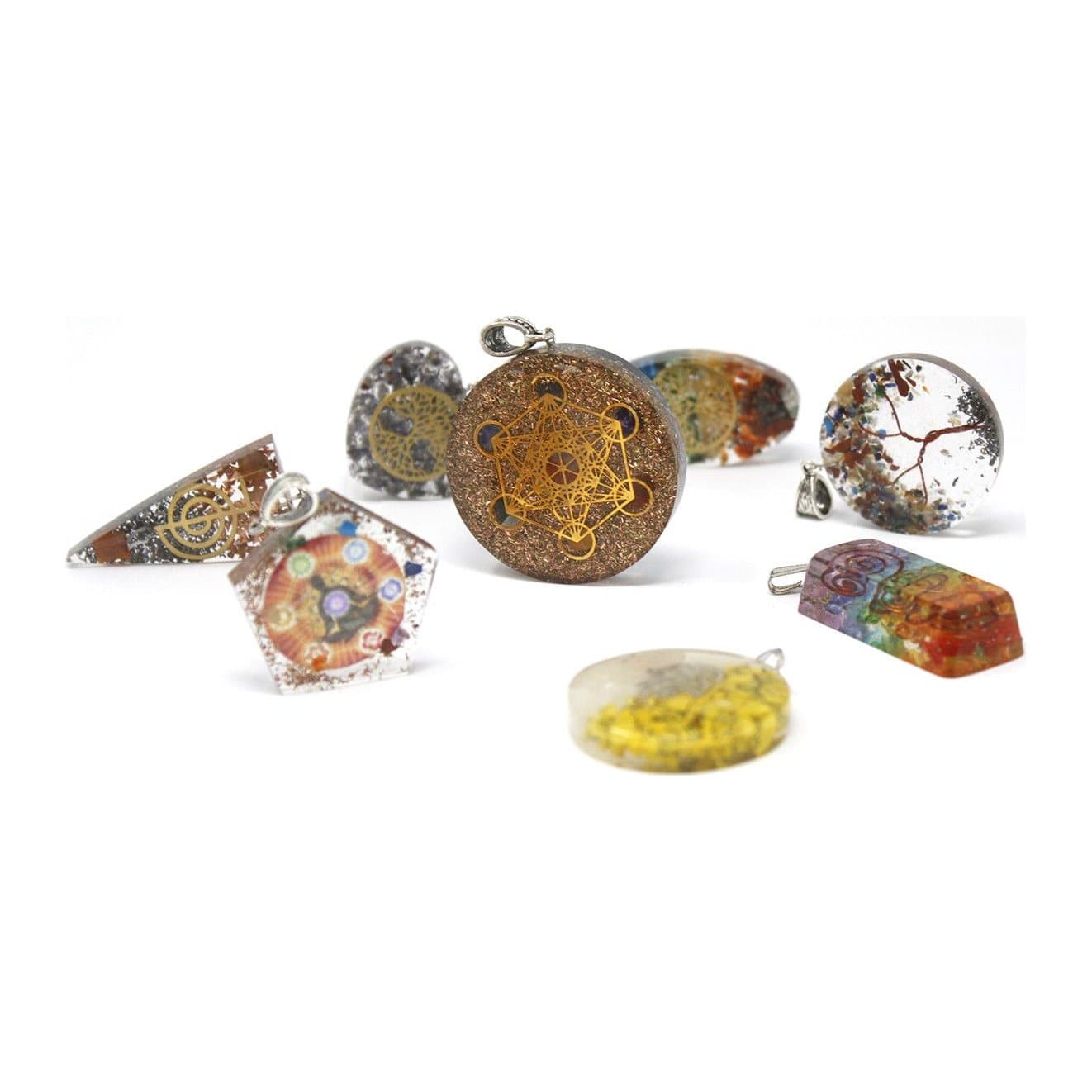 Heart-shaped orgonite pendant with seven chakra stones