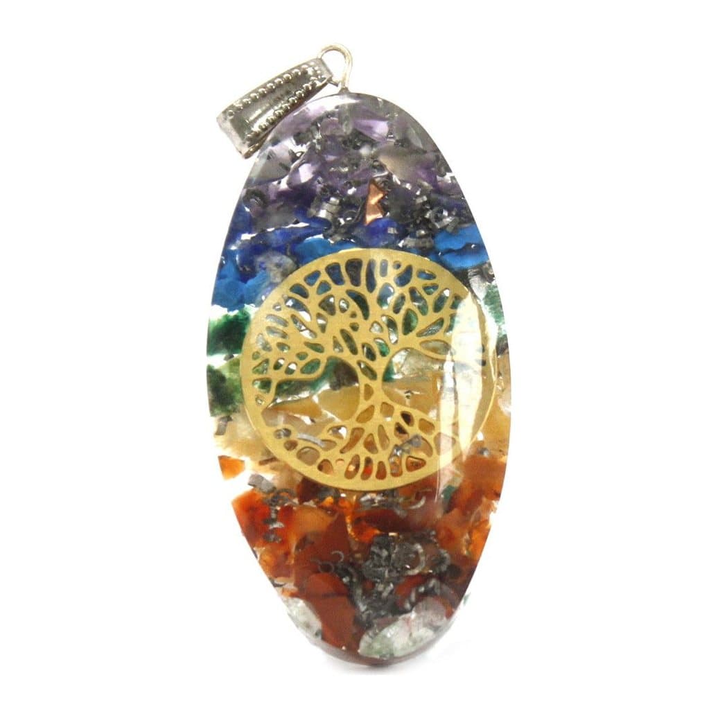 Oval resin orgonite pendant with seven coloured chakra stones and a tree