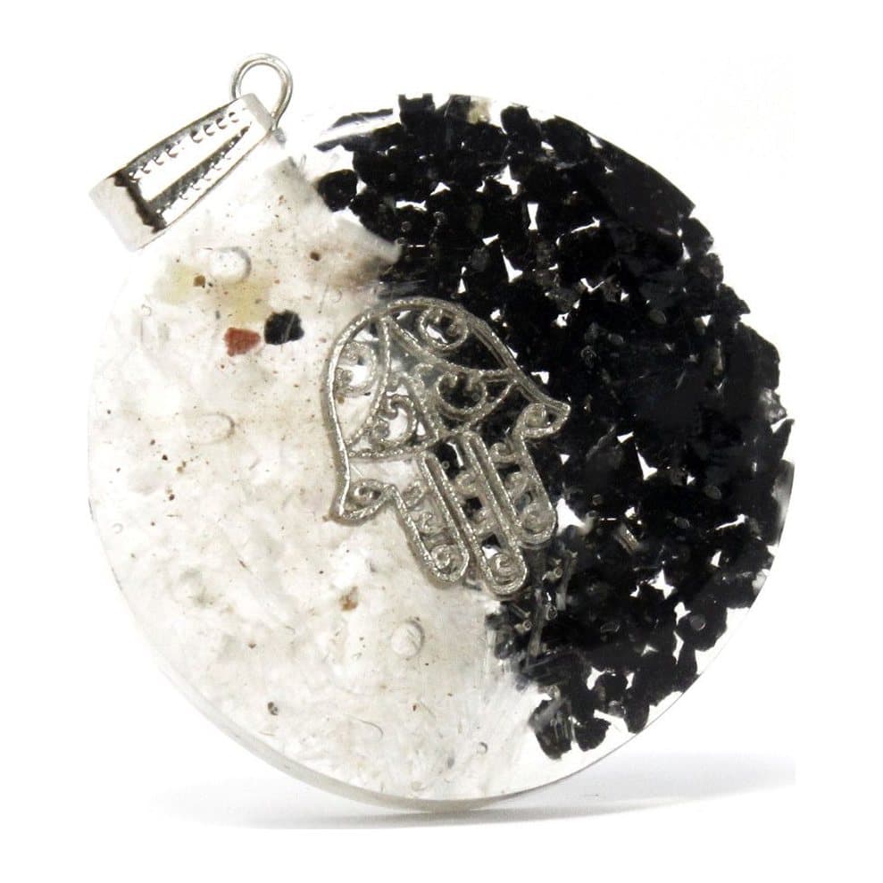 Orgonite pendant with a Good & Evil hamsa design