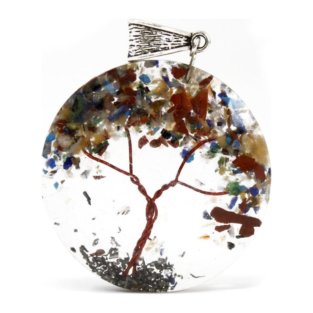 Round orgonite pendant with an amethyst tree design