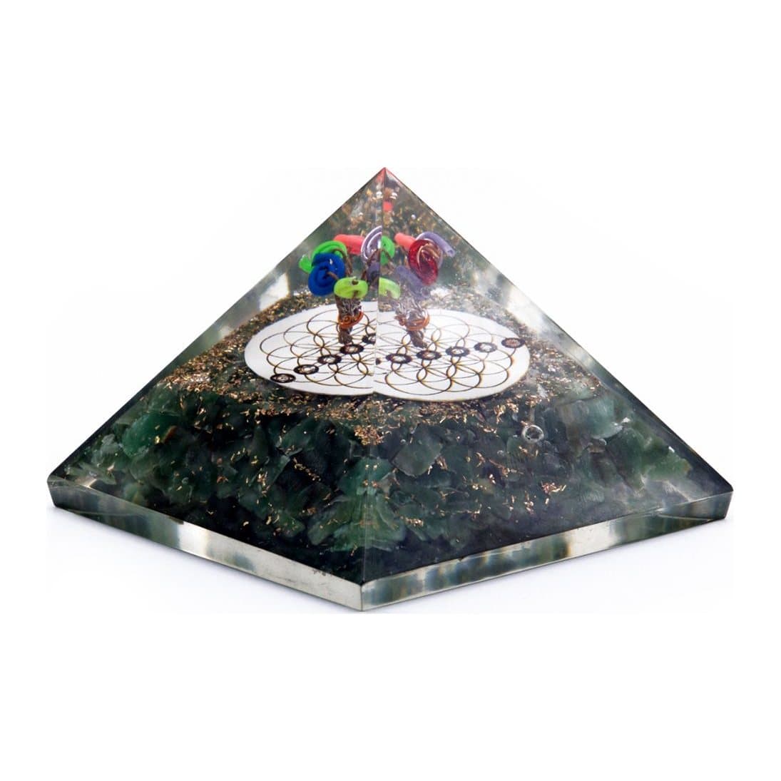 Green aventurine orgonite pyramid with a Flower of Life design