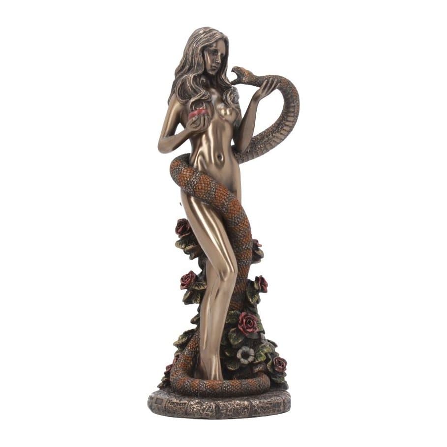 Bronze finish figurine of Eve holding an apple with a red serpent