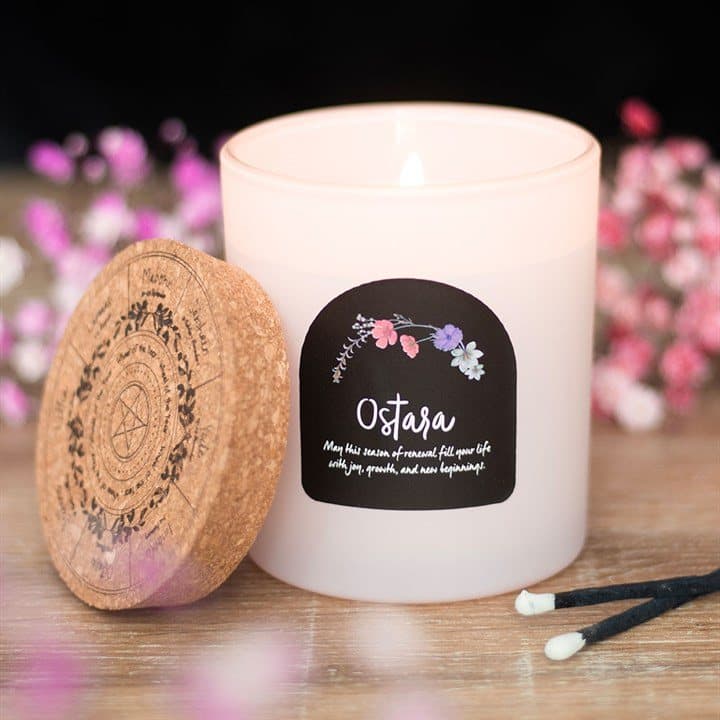 Ostara fresh linen candle in a glass jar with a cork lid