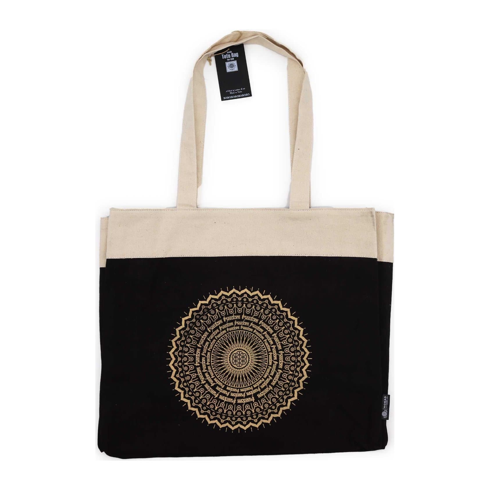Oversized stonewash cotton tote bag with a gold mandala print