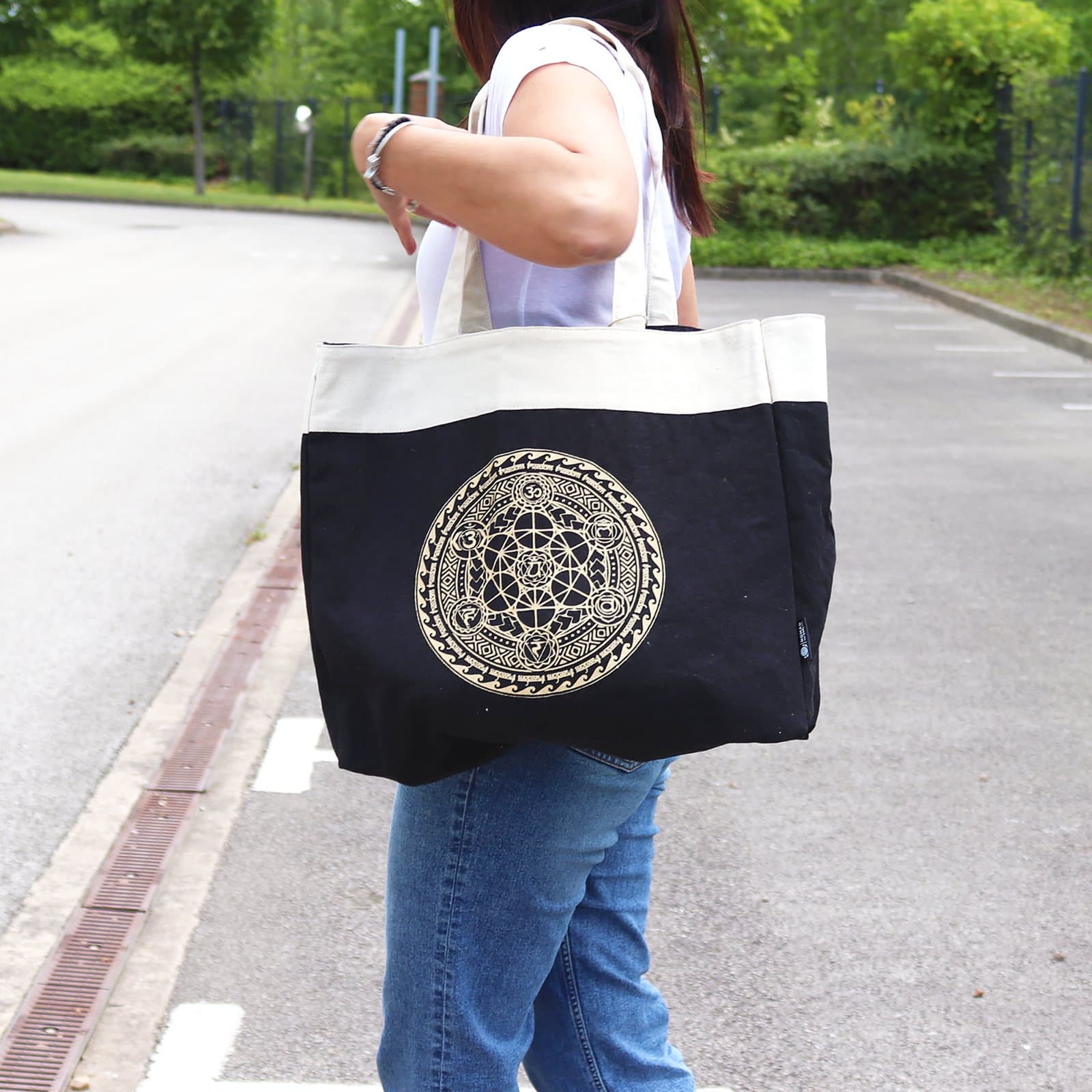 Chocolate stonewash cotton tote bag with a gold Chakra Mandala print