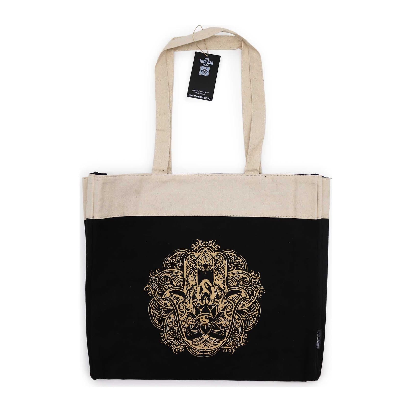 Chocolate brown cotton tote bag with a golden floral Hamsa hand print
