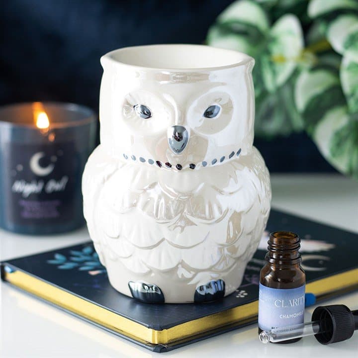 Owl-shaped iridescent ceramic oil burner and wax warmer