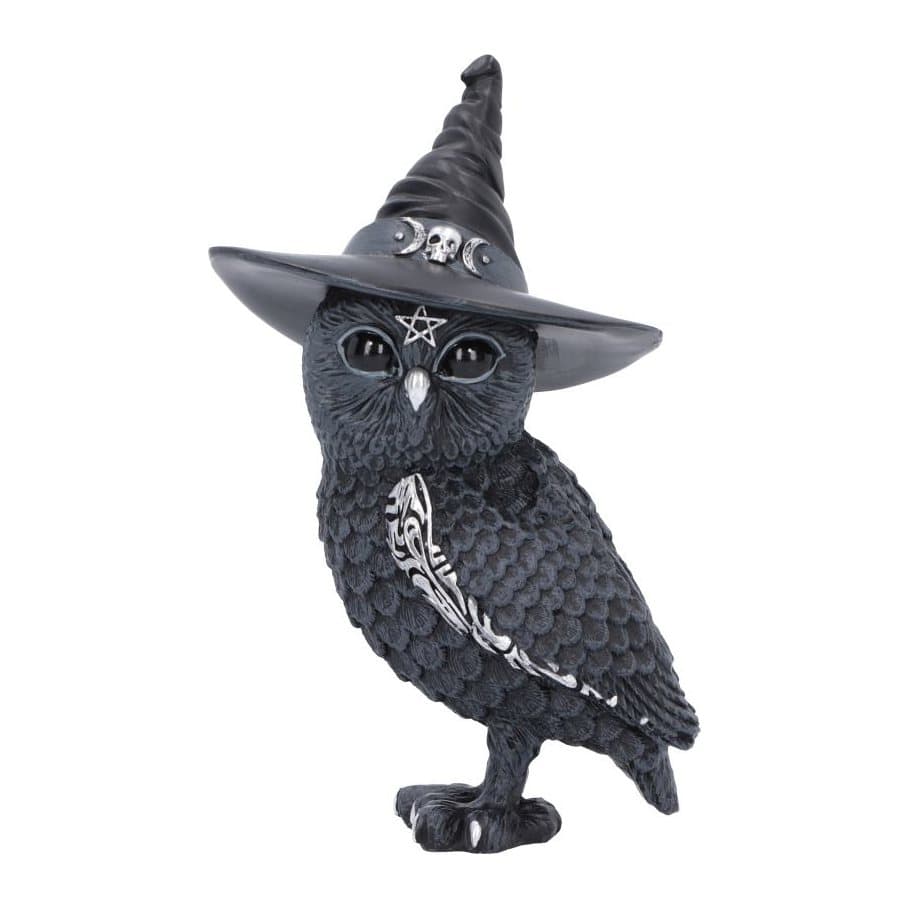 Owl figurine in a large pointed witch's hat with black eyes and silver wing markings