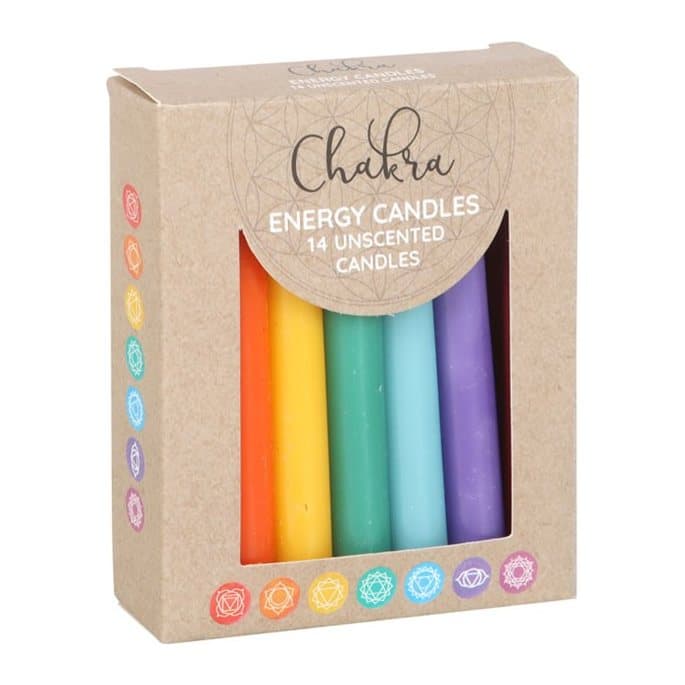 Pack of 14 chakra candles in seven colours in a window cardboard box