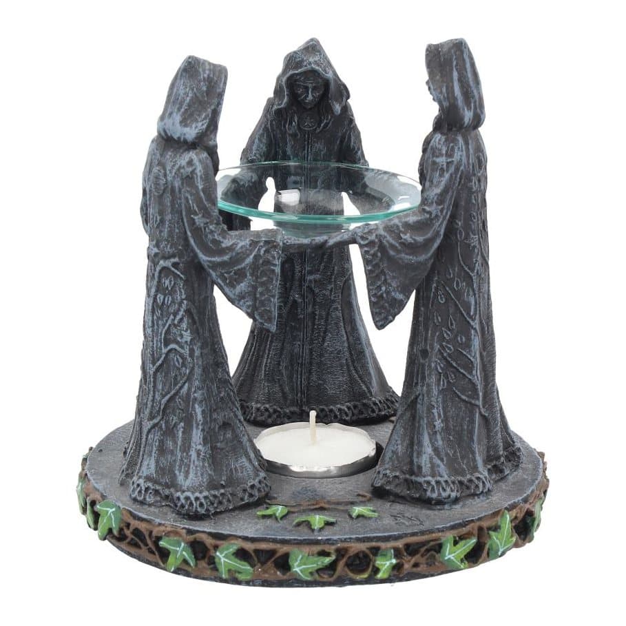 Resin oil burner with three hooded women holding a glass plate