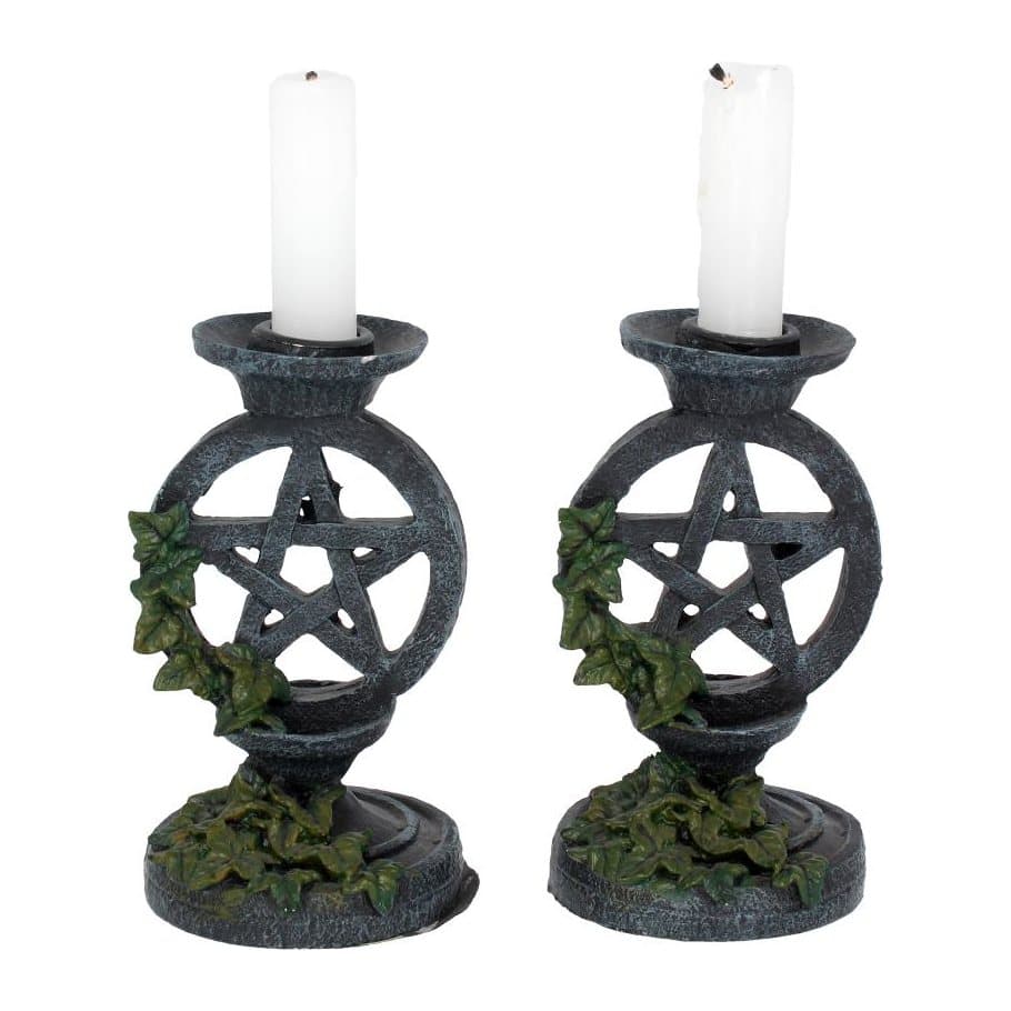 Pair of resin candlesticks with ivy and a pentagram in a circle